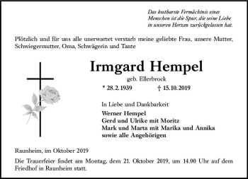 Traueranzeige von Irmgard Hempel von vrm-trauer