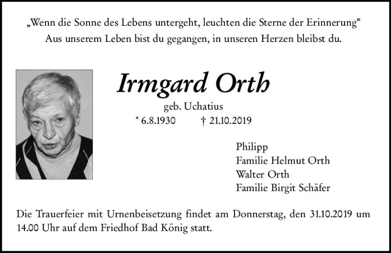  Traueranzeige für Irmgard Orth vom 26.10.2019 aus vrm-trauer