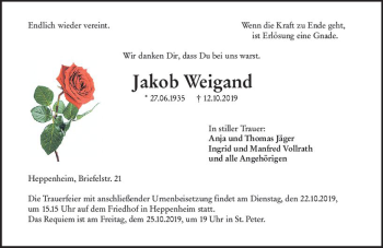 Traueranzeige von Jakob Weigand von vrm-trauer
