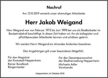 Traueranzeige von Jakob Weigand von vrm-trauer