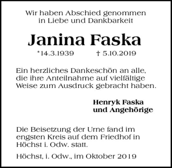 Traueranzeige von Janina Faska von vrm-trauer