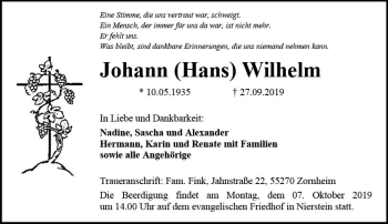 Traueranzeige von Johann Wilhelm von vrm-trauer