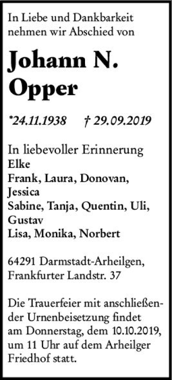 Traueranzeige von Johann N. Opper von vrm-trauer
