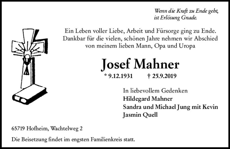  Traueranzeige für Josef Mahner vom 04.10.2019 aus vrm-trauer