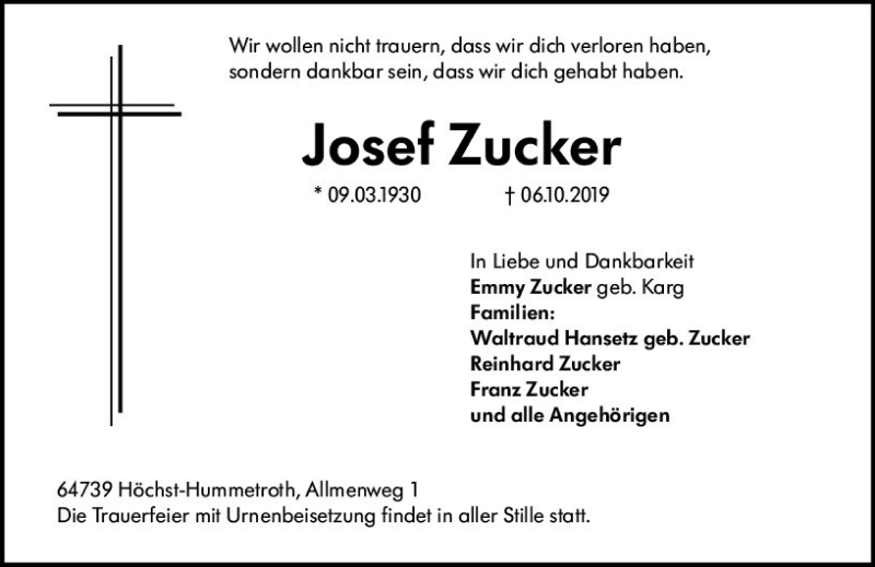  Traueranzeige für Josef Zucker vom 12.10.2019 aus vrm-trauer