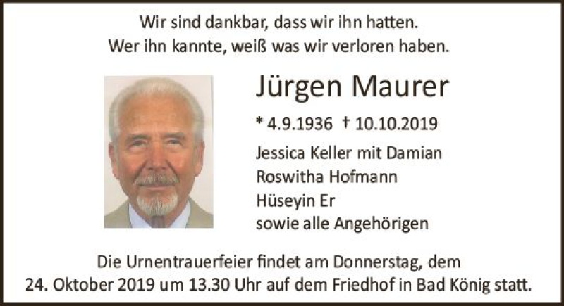  Traueranzeige für Jürgen Maurer vom 19.10.2019 aus vrm-trauer