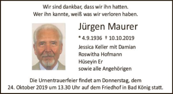 Traueranzeige von Jürgen Maurer von vrm-trauer