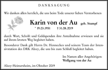 Traueranzeige von Karin von der Au von vrm-trauer