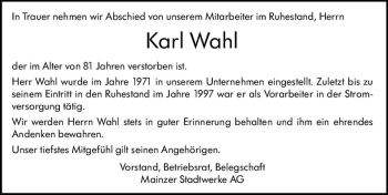 Traueranzeige von Karl Wahl von vrm-trauer