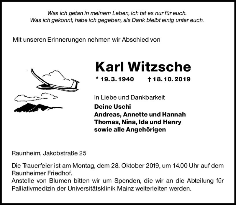  Traueranzeige für Karl Witzsche vom 23.10.2019 aus vrm-trauer