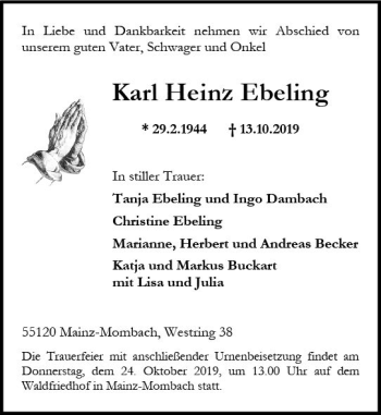Traueranzeige von Karl Heinz Ebeling von vrm-trauer