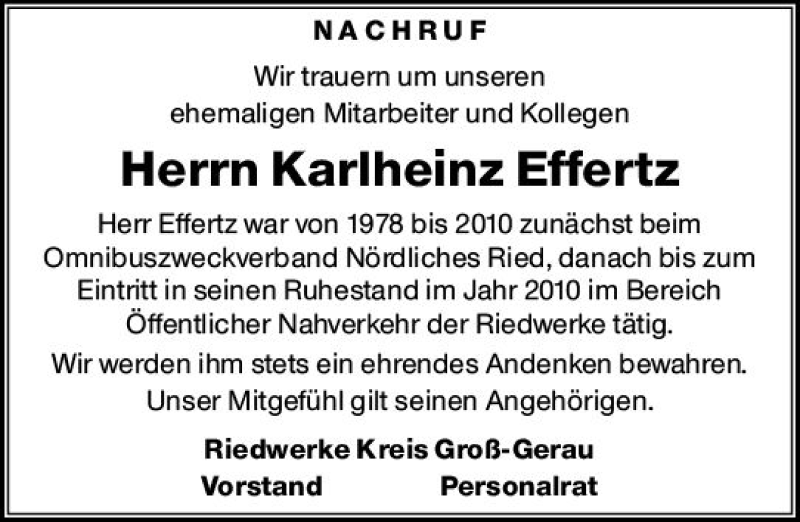  Traueranzeige für Karlheinz Effertz vom 16.10.2019 aus vrm-trauer