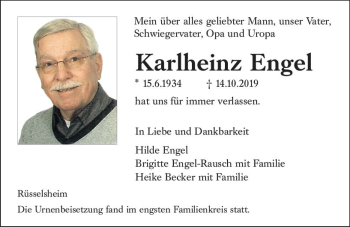 Traueranzeige von Karlheinz Engel von vrm-trauer
