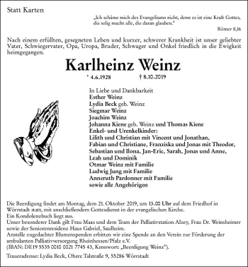 Traueranzeige von Karlheinz Weinz von vrm-trauer