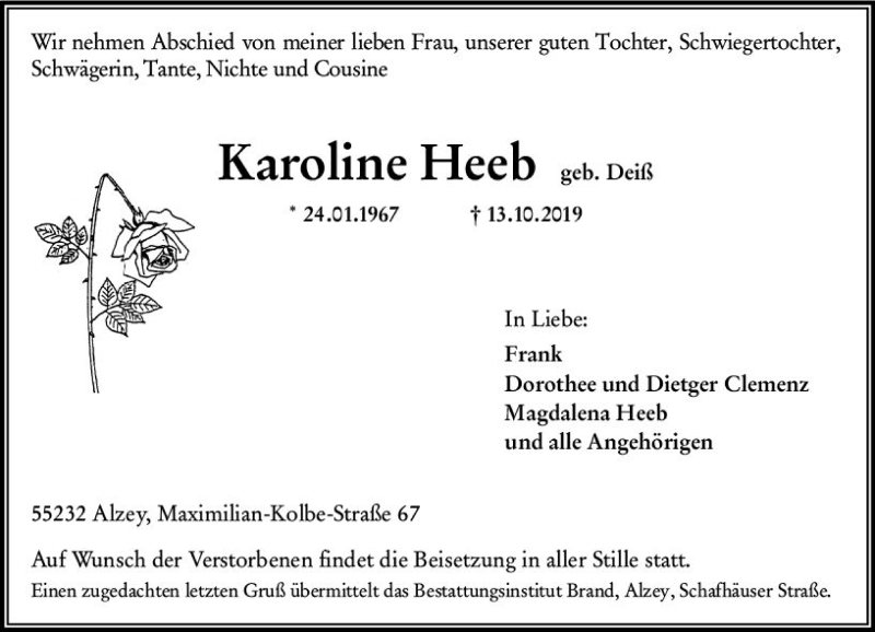  Traueranzeige für Karoline Heeb vom 15.10.2019 aus vrm-trauer