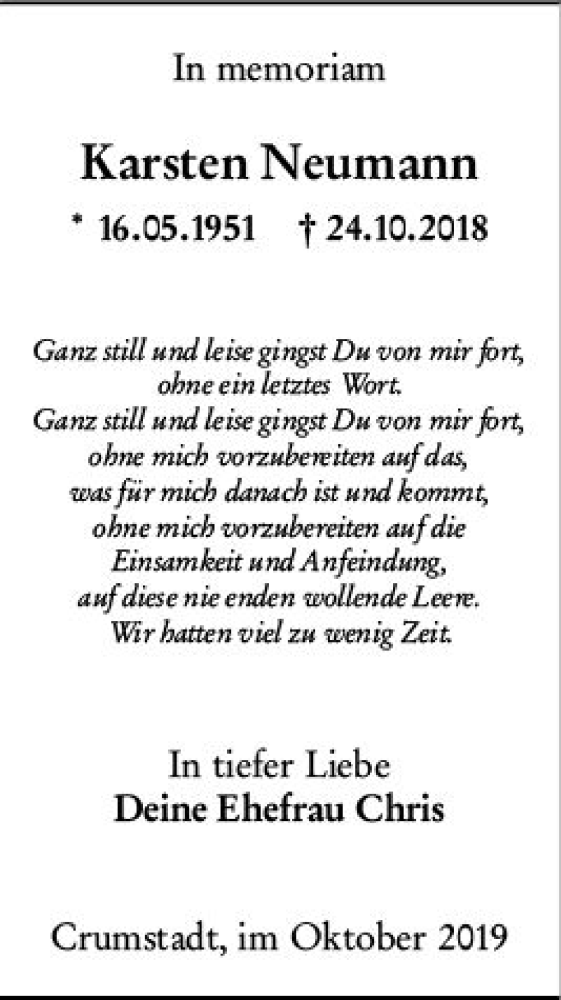  Traueranzeige für Karsten Neumann vom 24.10.2019 aus vrm-trauer