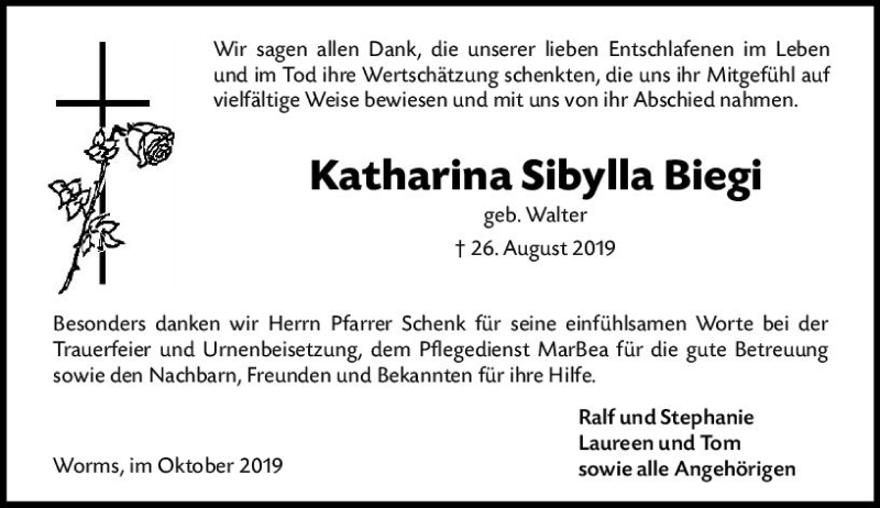  Traueranzeige für Katharina Sibylla Biegi vom 12.10.2019 aus vrm-trauer