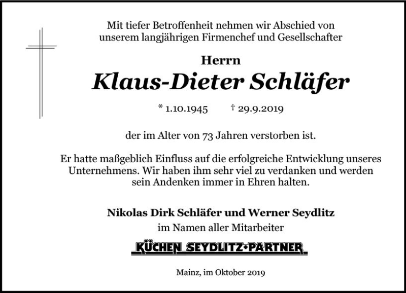  Traueranzeige für Klaus-Dieter Schläfer vom 05.10.2019 aus vrm-trauer