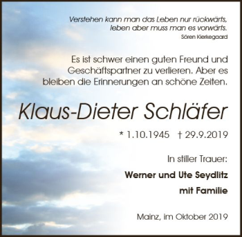 Traueranzeige von Klaus-Dieter Schläfer von vrm-trauer