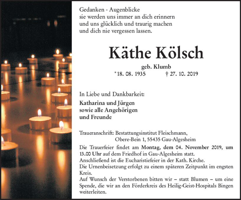  Traueranzeige für Käthe Kölsch vom 30.10.2019 aus vrm-trauer