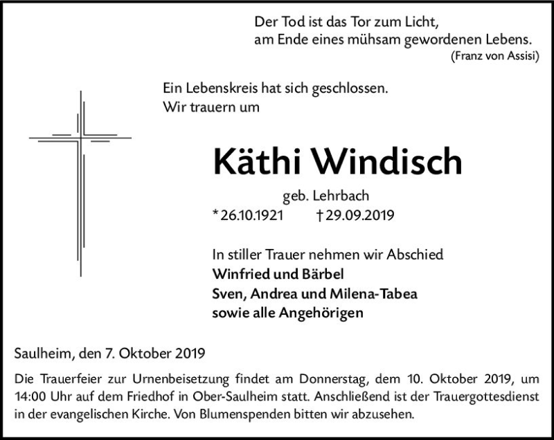  Traueranzeige für Käthi Windfisch vom 07.10.2019 aus vrm-trauer