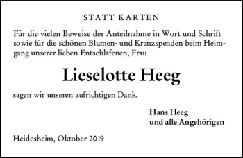 Traueranzeige von Lieselotte Heeg von vrm-trauer