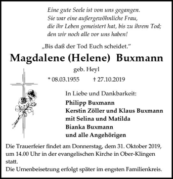 Traueranzeige von Magdalene Buxmann von vrm-trauer