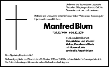 Traueranzeige von Manfred Blum von vrm-trauer