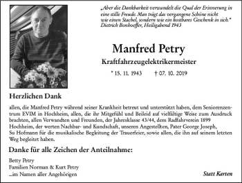 Traueranzeige von Manfred Petry von vrm-trauer