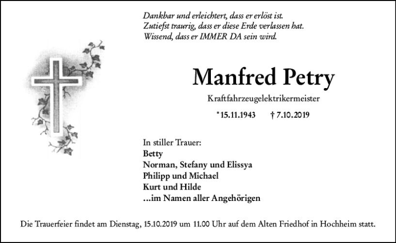  Traueranzeige für Manfred Petry vom 11.10.2019 aus vrm-trauer