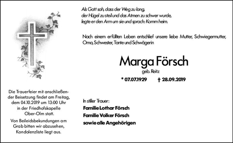  Traueranzeige für Marga Försch vom 01.10.2019 aus vrm-trauer