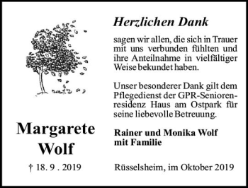 Traueranzeige von Margarete Wolf von vrm-trauer