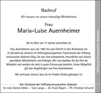 Traueranzeige von Maria-Luise Auernheimer von vrm-trauer