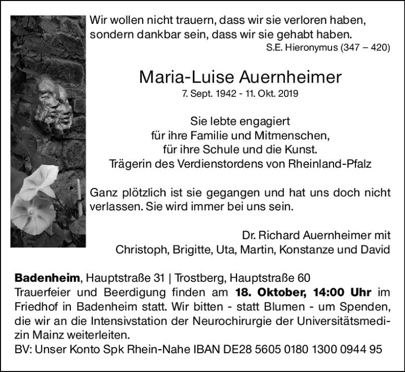  Traueranzeige für Maria-Luise Auernheimer vom 16.10.2019 aus vrm-trauer
