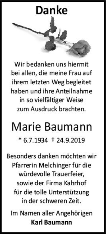 Traueranzeige von Marie Baumann von vrm-trauer
