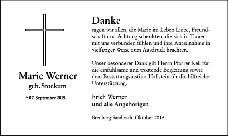  Traueranzeige für Marie Werner vom 12.10.2019 aus vrm-trauer