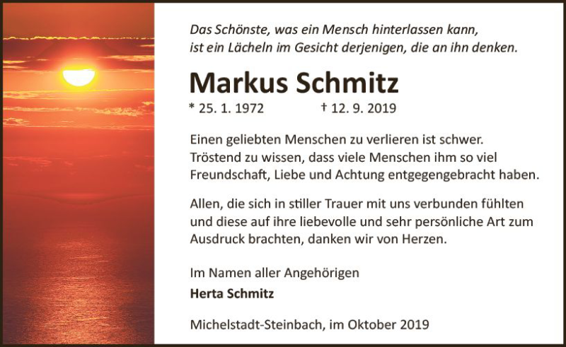  Traueranzeige für Markus Schmitz vom 26.10.2019 aus vrm-trauer