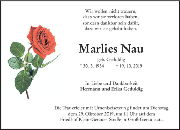 Traueranzeige von Marlies Nau von vrm-trauer