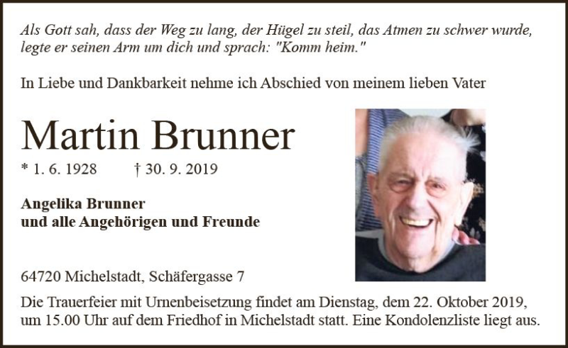  Traueranzeige für Martin Brunner vom 16.10.2019 aus vrm-trauer
