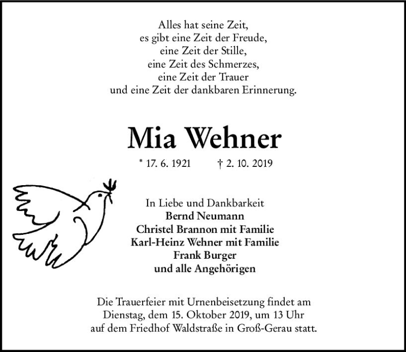  Traueranzeige für Mia Wehner vom 12.10.2019 aus vrm-trauer