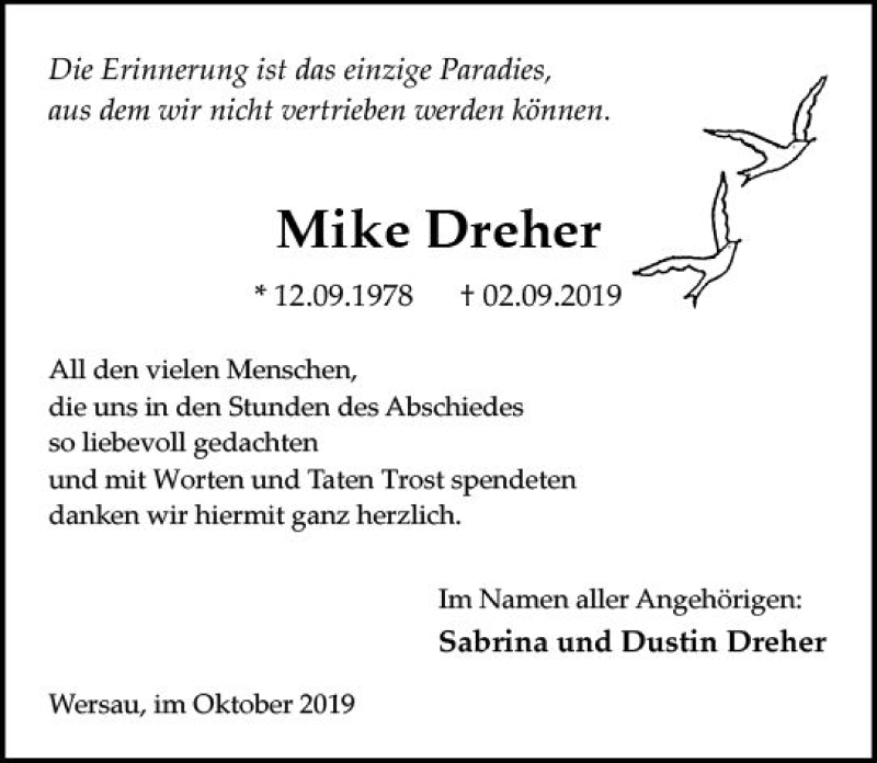  Traueranzeige für Mike Dreher vom 19.10.2019 aus vrm-trauer