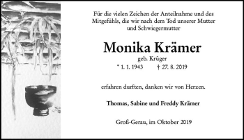 Traueranzeige von Monika Krämer von vrm-trauer