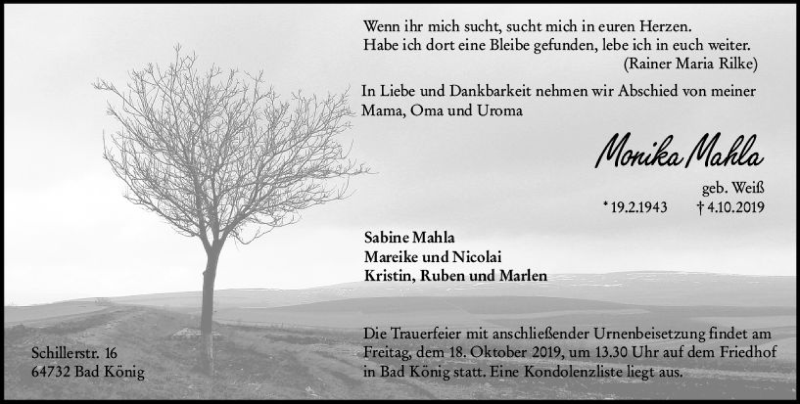  Traueranzeige für Monika Mahla vom 12.10.2019 aus vrm-trauer