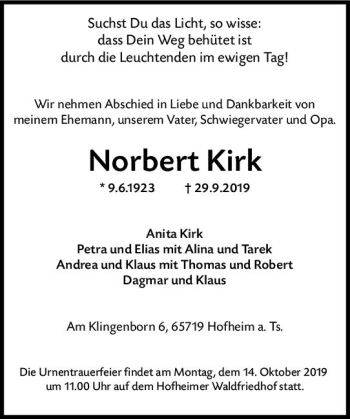 Traueranzeige von Norbert Kirk von vrm-trauer