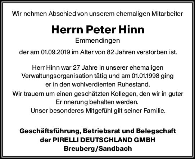  Traueranzeige für Peter Hinn vom 01.10.2019 aus vrm-trauer