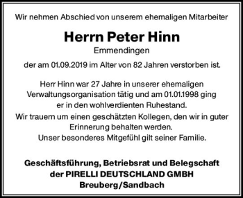 Traueranzeige von Peter Hinn von vrm-trauer
