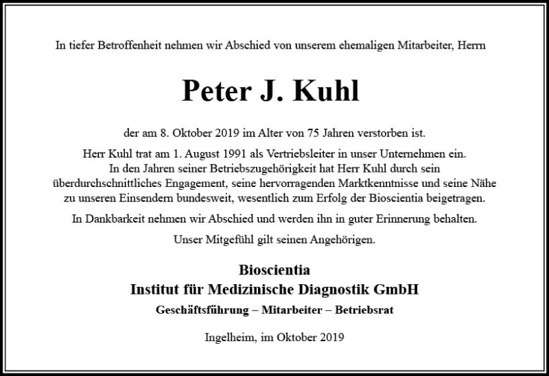  Traueranzeige für Peter J. Kuhl vom 12.10.2019 aus vrm-trauer