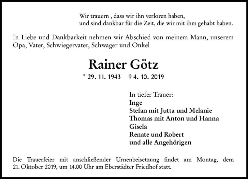  Traueranzeige für Rainer Götz vom 12.10.2019 aus vrm-trauer