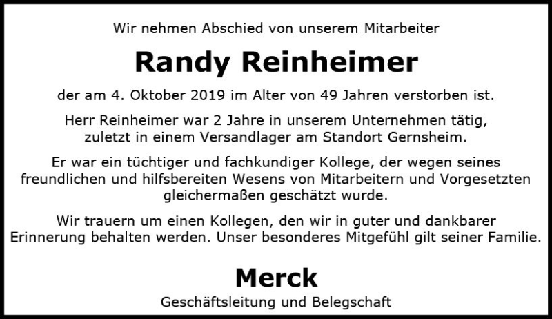  Traueranzeige für Randy Reinheimer vom 26.10.2019 aus vrm-trauer