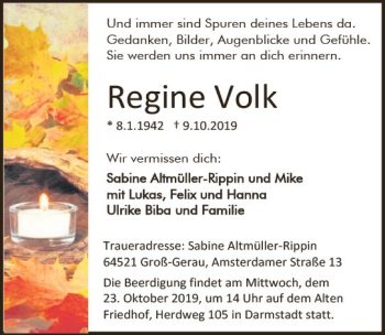Traueranzeige von Regine Volk von vrm-trauer
